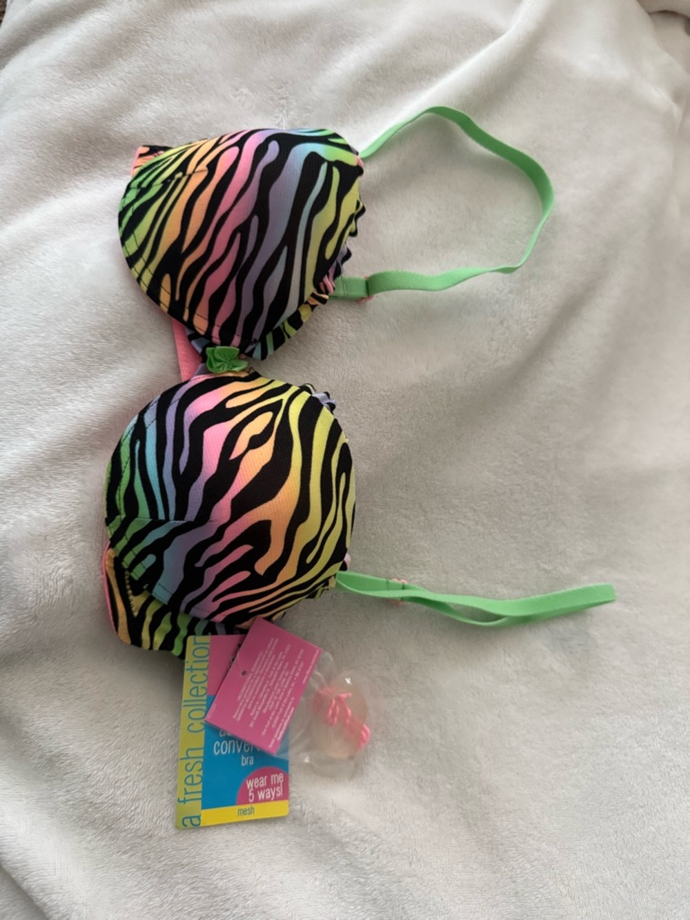 Fruit of the Loom Neon Rainbow Zebra Print Bra with Mint Straps